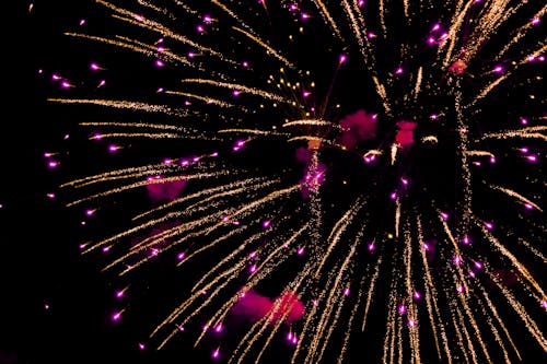 Free Photo of Purple and Yellow Fireworks in Night Sky Stock Photo